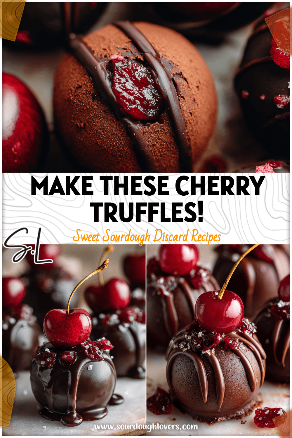 Close-up of glossy Chocolate Cherry Sourdough Truffles topped with candied cherries and cherry mash swirl.